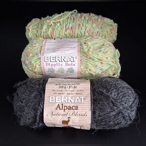 NWT Lot Of 3 Bernat Green Dippity Dot PomPom & Grey Assort Material Knit Yarn